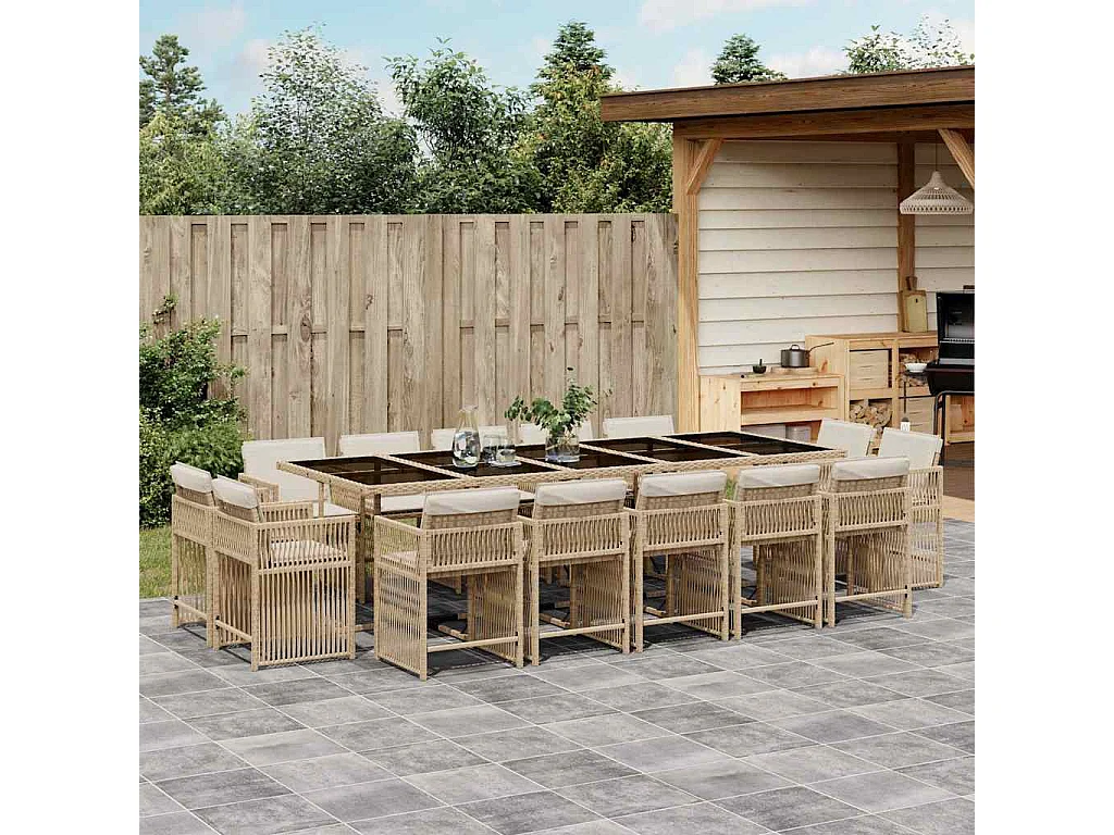 Set comedor de jardín con cojines 15 piezas ratán sintético beige