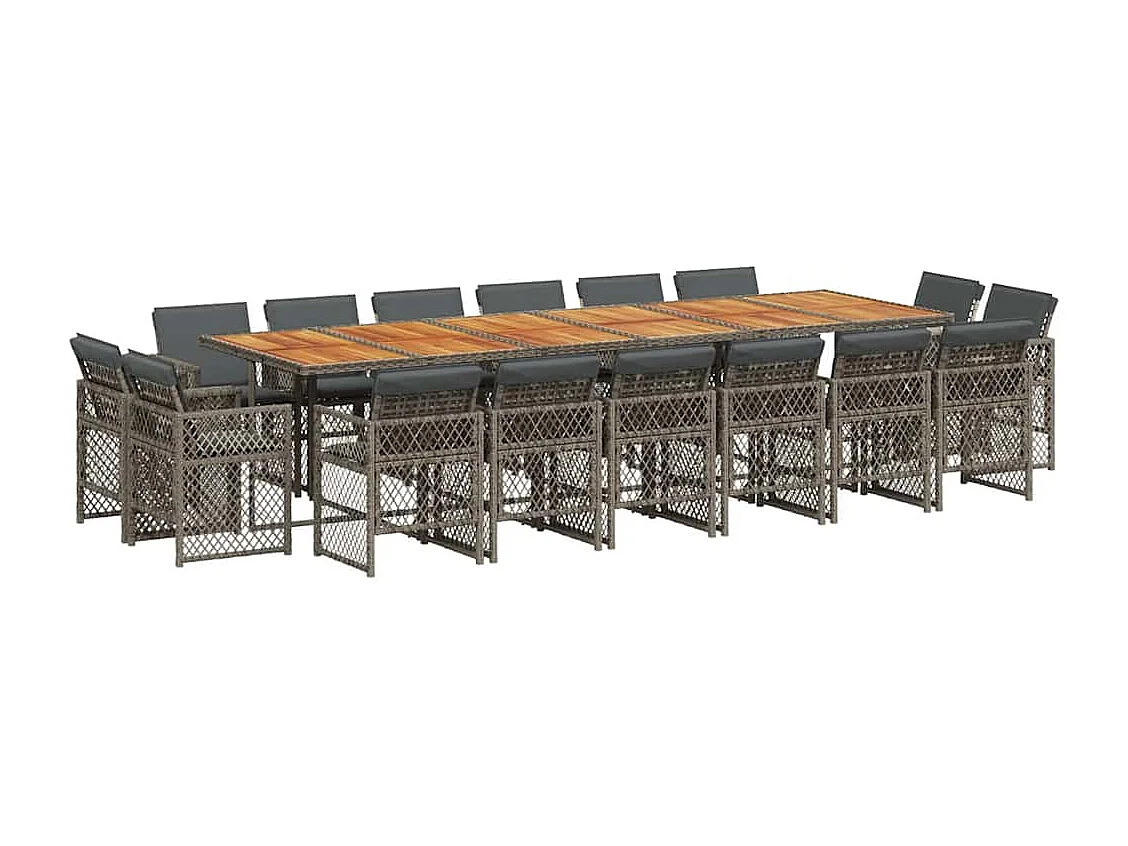 Set comedor de jardín 17 piezas y cojines ratán sintético gris