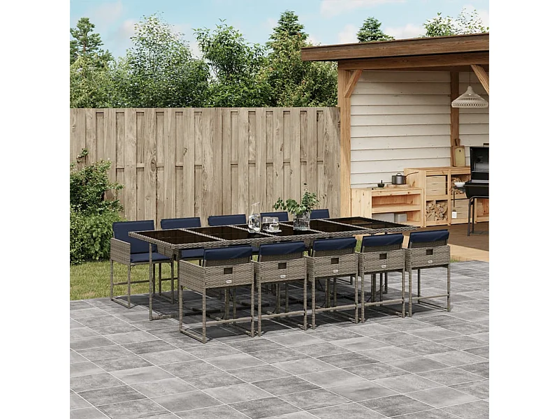 Ensemble à manger de jardin 11 pièces coussins gris résine tressée