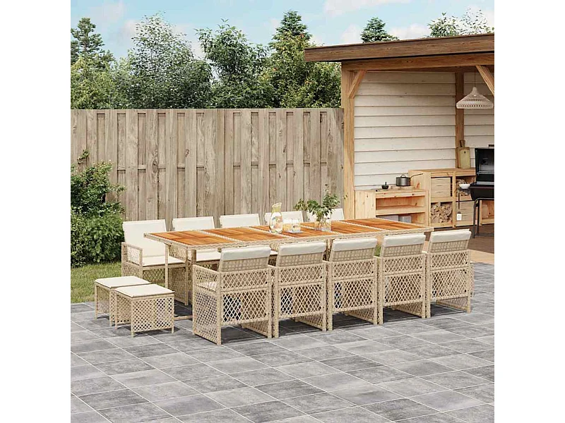 Set comedor de jardín con cojines 15 piezas ratán sintético beige