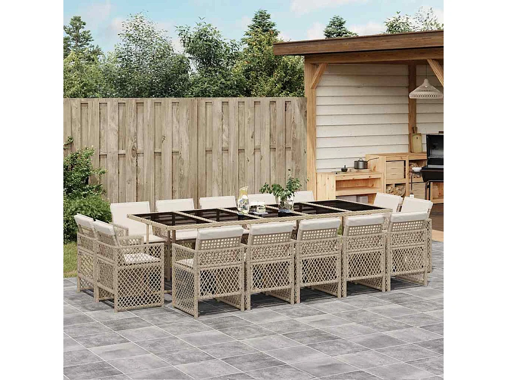 Set comedor de jardín con cojines 15 piezas ratán sintético beige