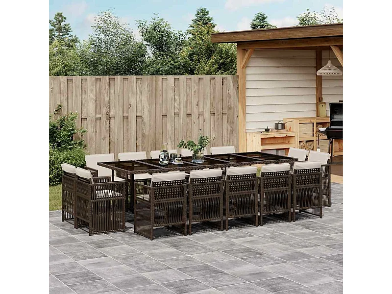 Set comedor de jardín y cojines 15 piezas ratán sintético marrón