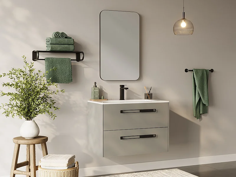 Meuble de salle de bain suspendu avec vasque à encastrer et robinet - Gris - 80 cm - FELNA