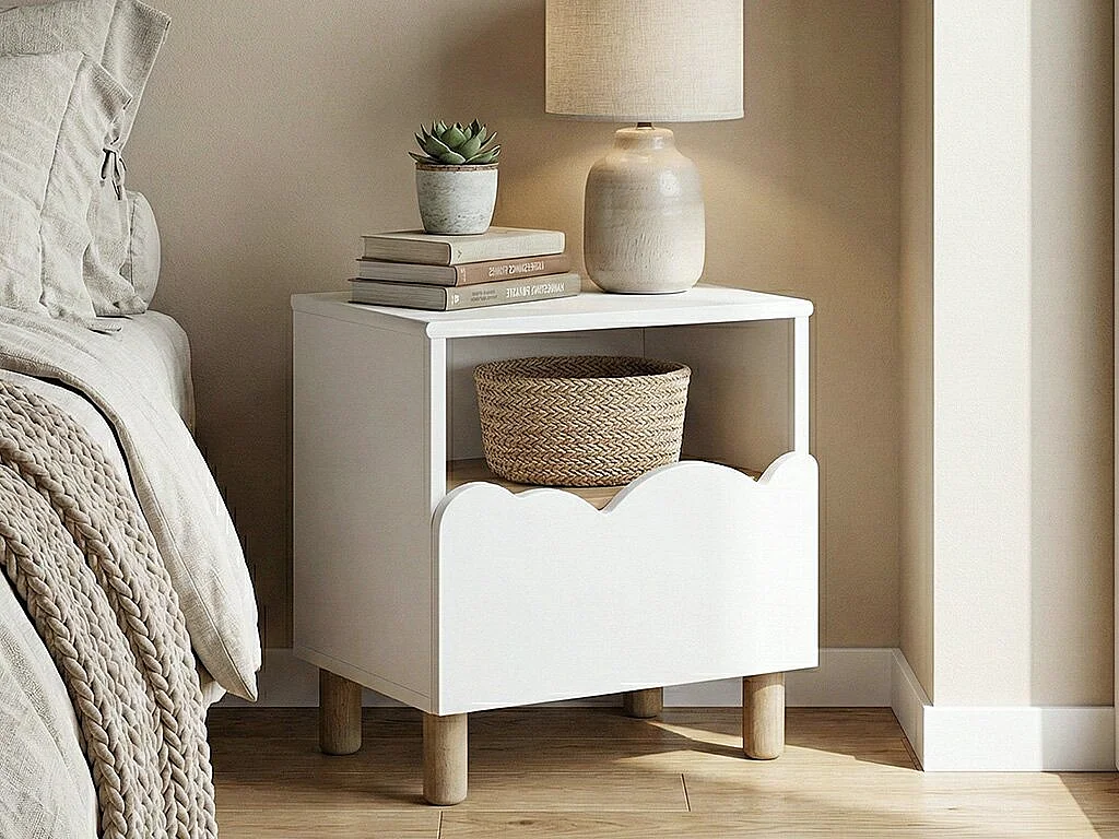 Lot de 2 tables de chevet avec 1 tiroir et 1 niche – Blanc et naturel – NUBORELA