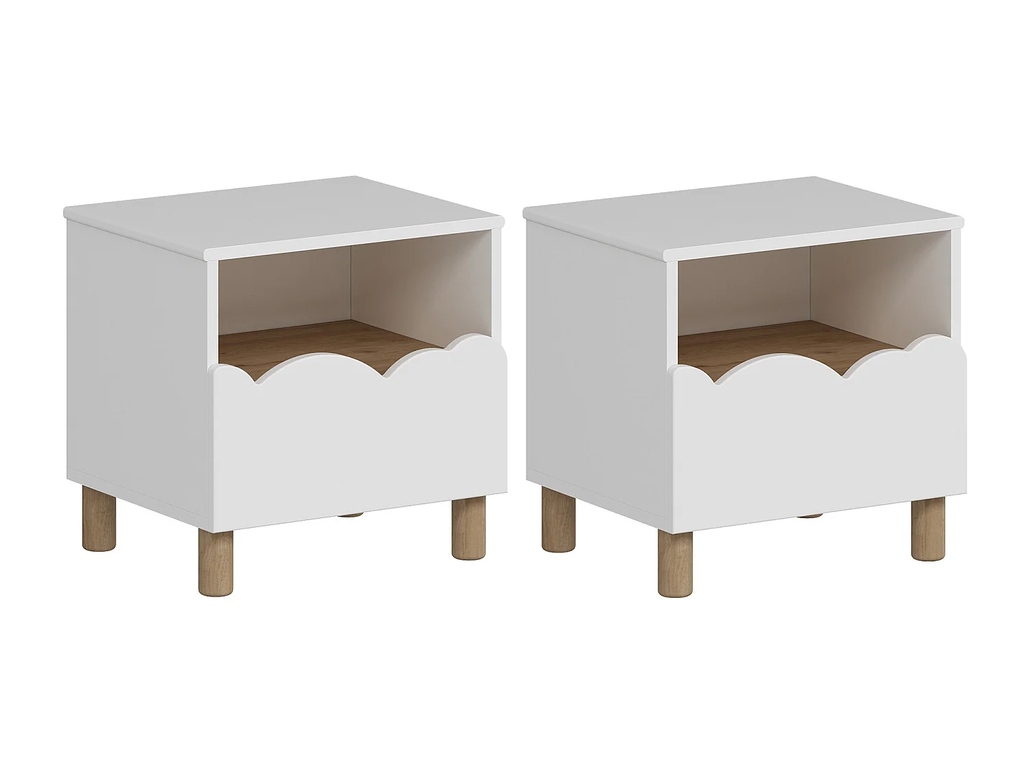 Lot de 2 tables de chevet avec 1 tiroir et 1 niche – Blanc et naturel – NUBORELA