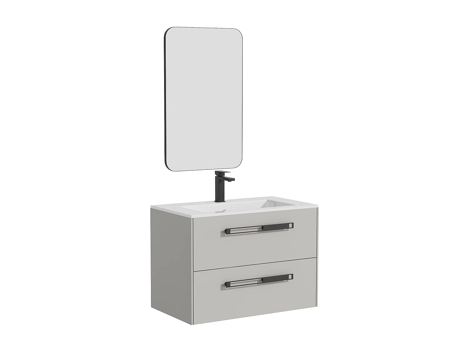 Meuble sous vasque suspendu avec vasque à encastrer, robinet et miroir - Gris - 80 cm - FELNA