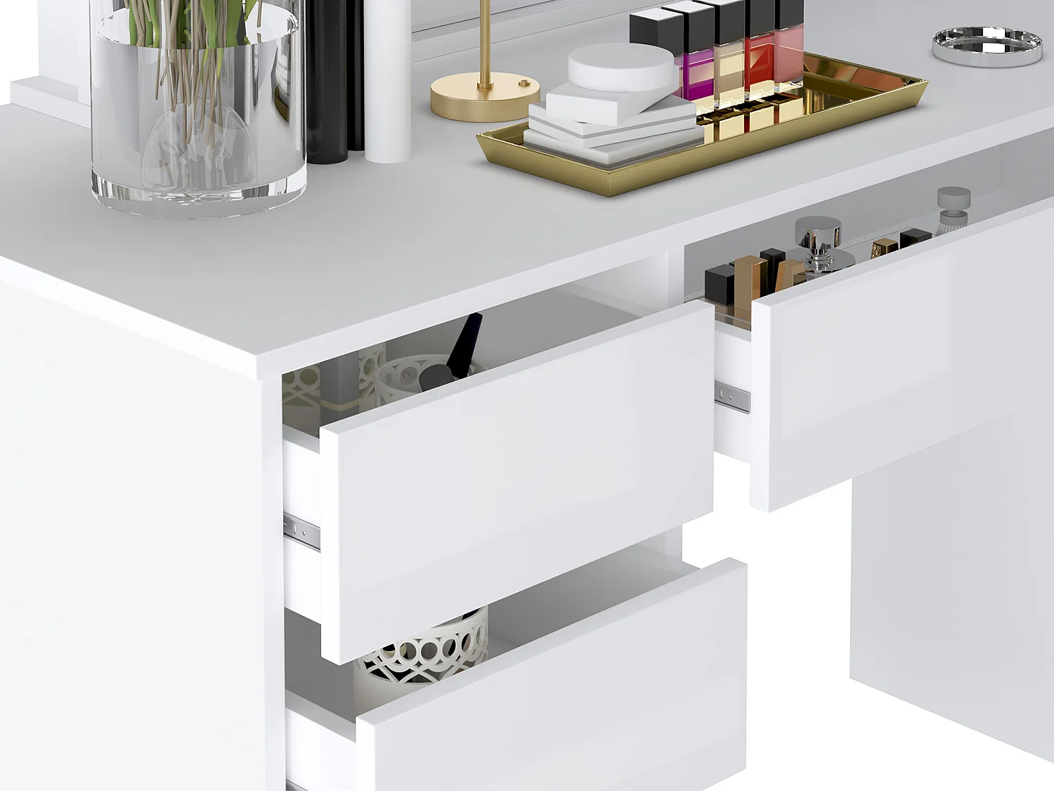 Coiffeuse double avec miroir à LEDs - 9 tiroirs - Blanc brillant - JENEMI