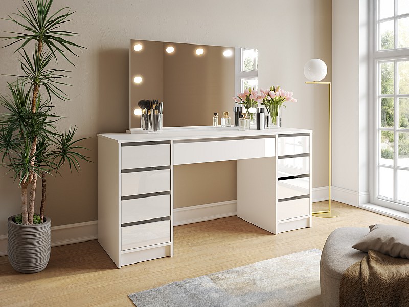 Double dressing table with LED mirror and 9 drawers in gloss white - JENEMI