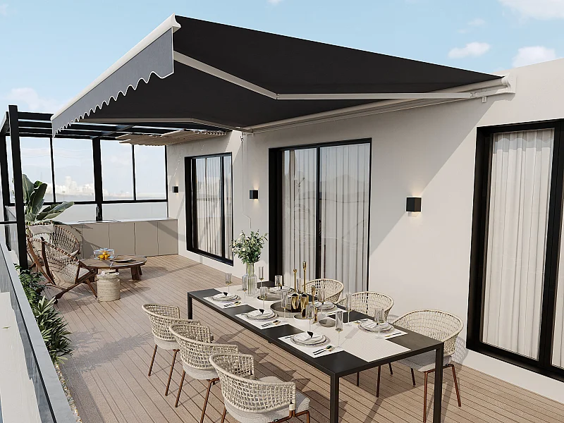 Store banne motorisé avec semi-coffre et capteur vent 5 x 3 m - anthracite - COFANA