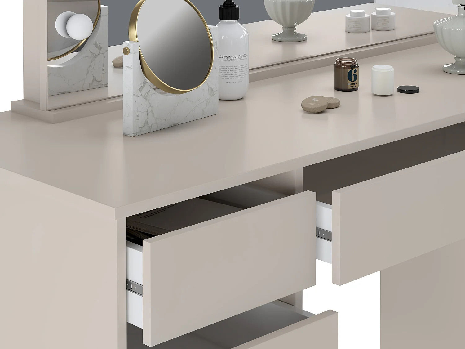 Dubbel sminkbord med LED-spegel - 9 lådor – Beige - JENEMI