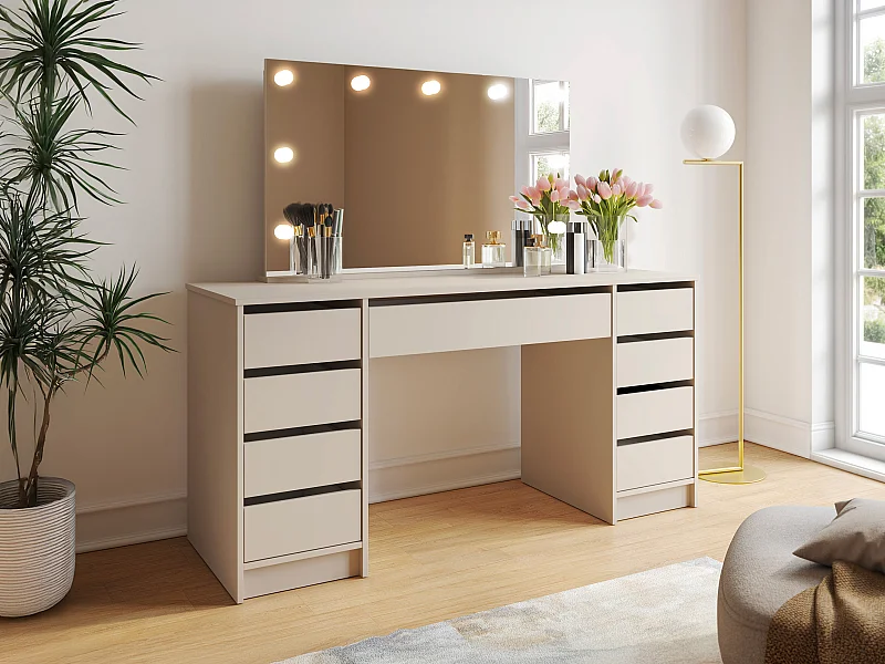 Coiffeuse double avec miroir à LEDs - 9 tiroirs – Beige - JENEMI