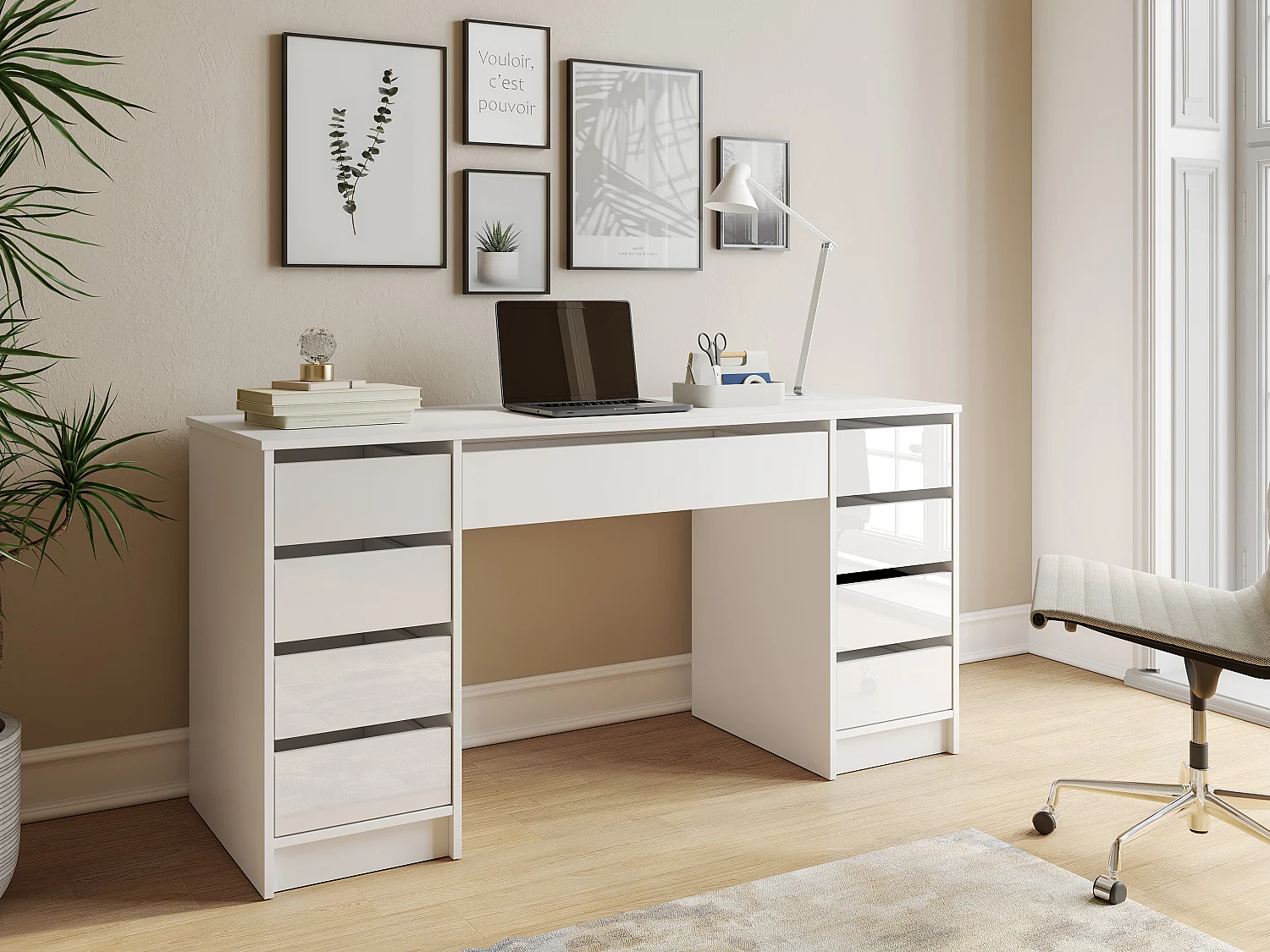 Bureau avec 9 tiroirs – Blanc Brillant - JENEMI