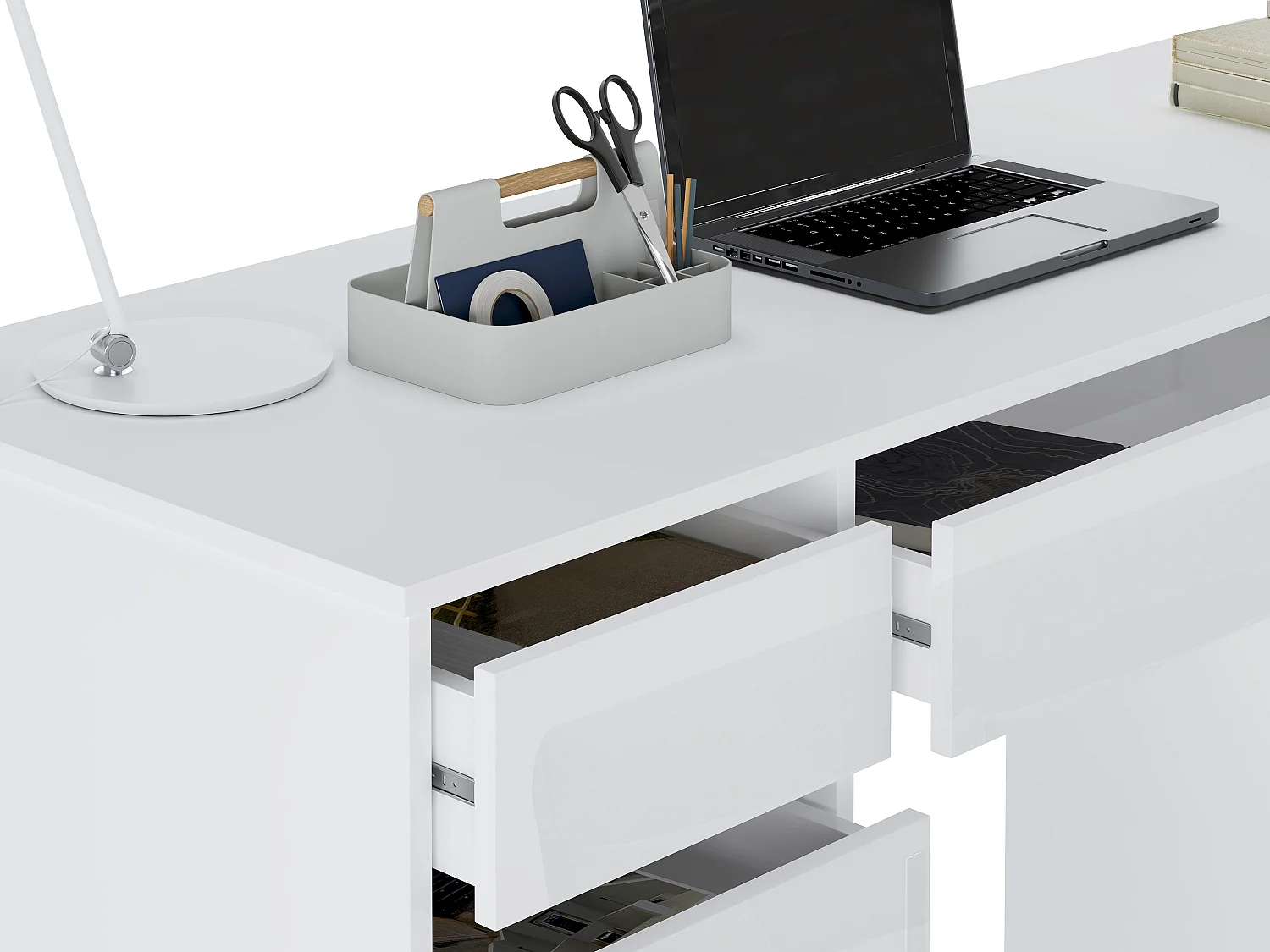 Bureau avec 9 tiroirs – Blanc Brillant - JENEMI