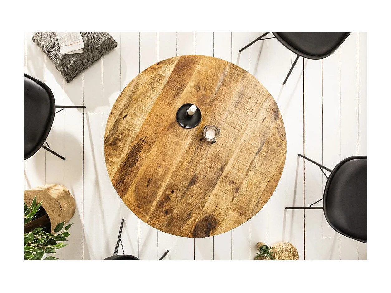 Table de salle à manger LODEN 80 cm – Plateau rond en bois massif de manguier et structure en métal noir
