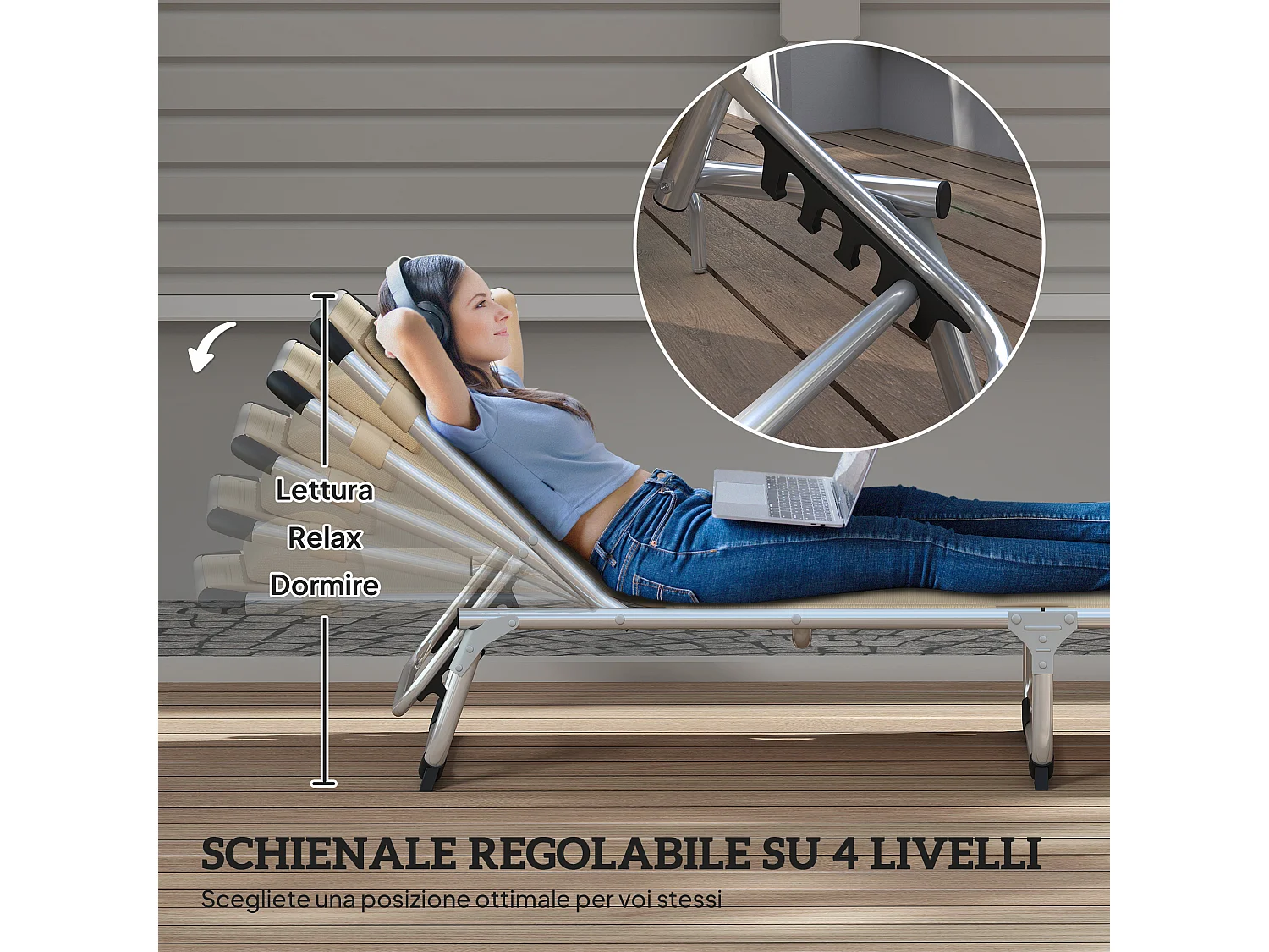 Sdraio pieghevole con poggiatesta e schienale regolabile beige