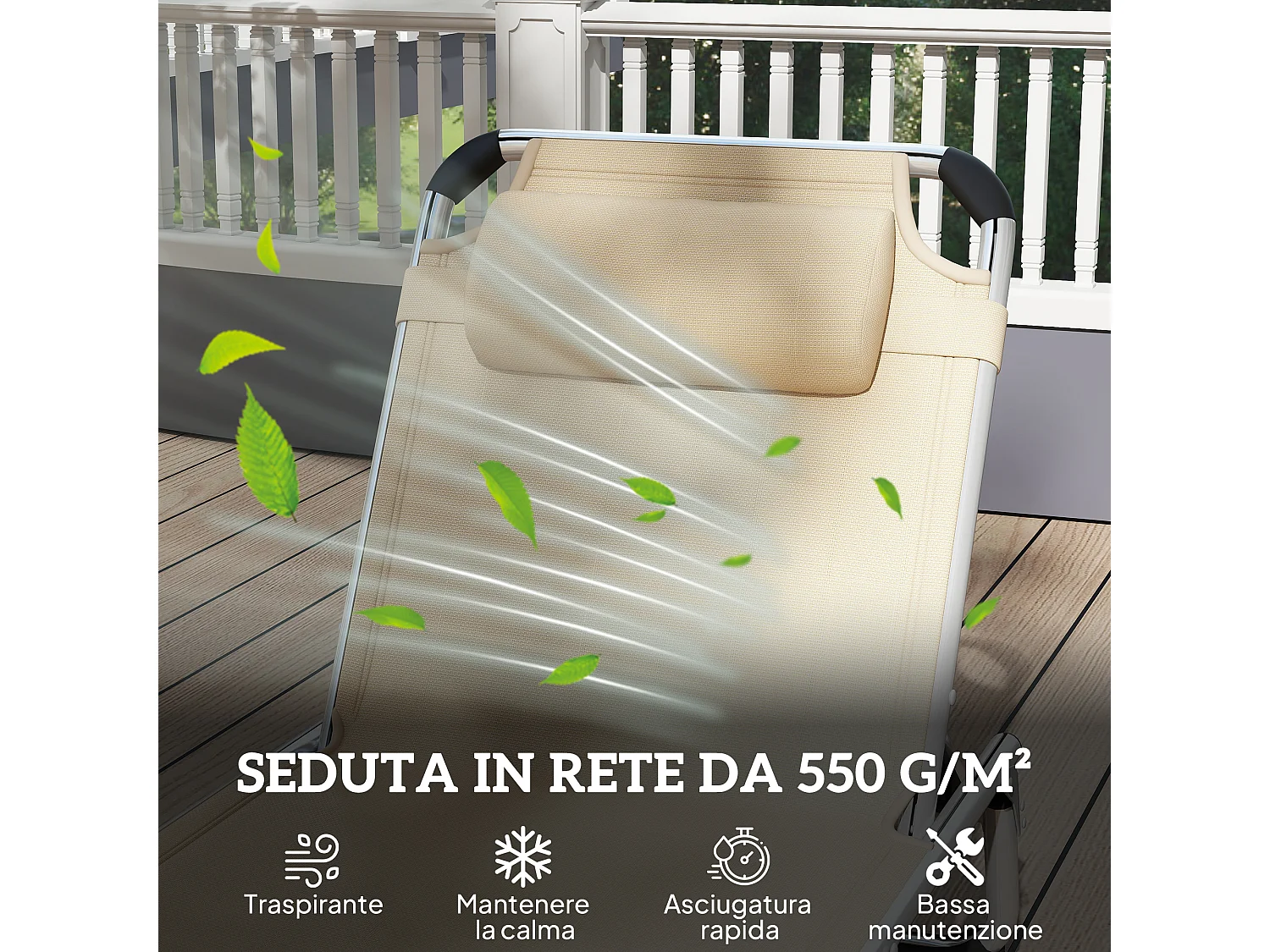 Sdraio pieghevole con poggiatesta e schienale regolabile beige