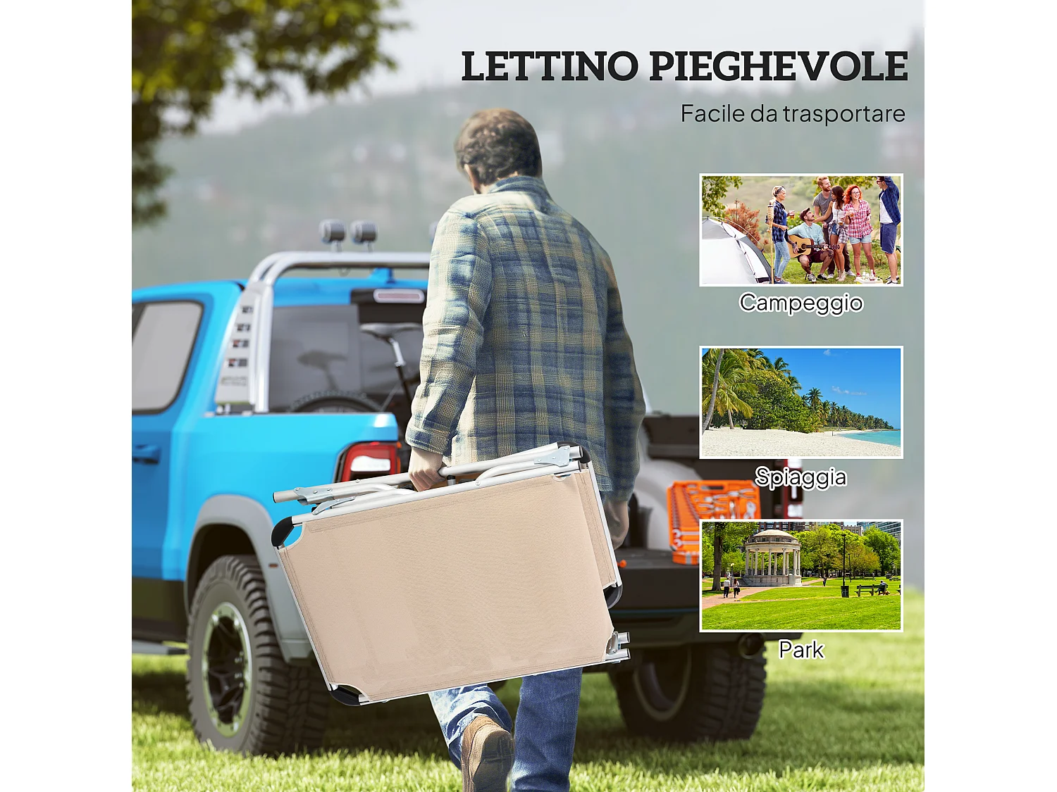 Sdraio pieghevole con poggiatesta e schienale regolabile beige