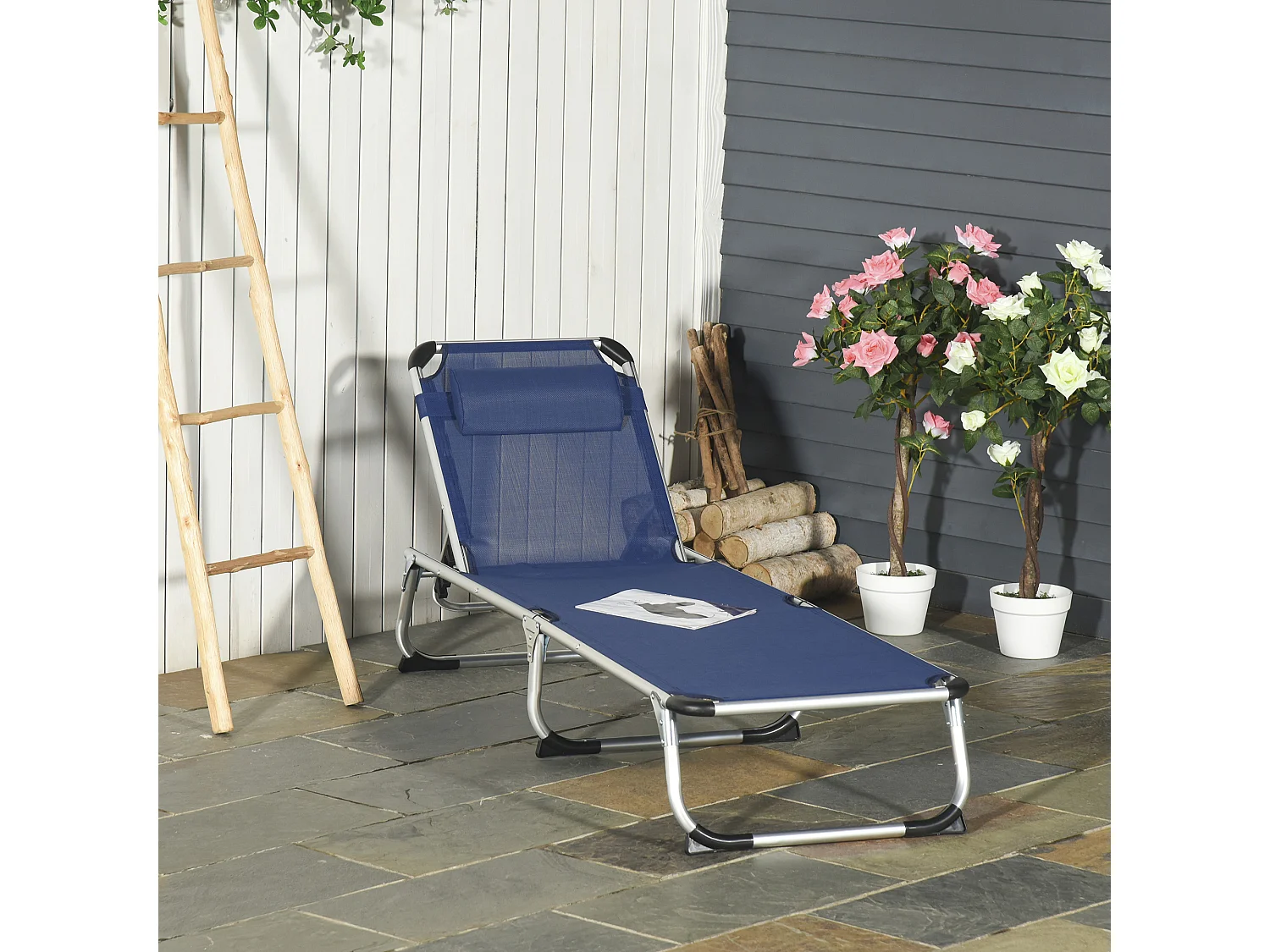 Lettino Prendisole Pieghevole con Schienale Reclinabile su 4 Livelli