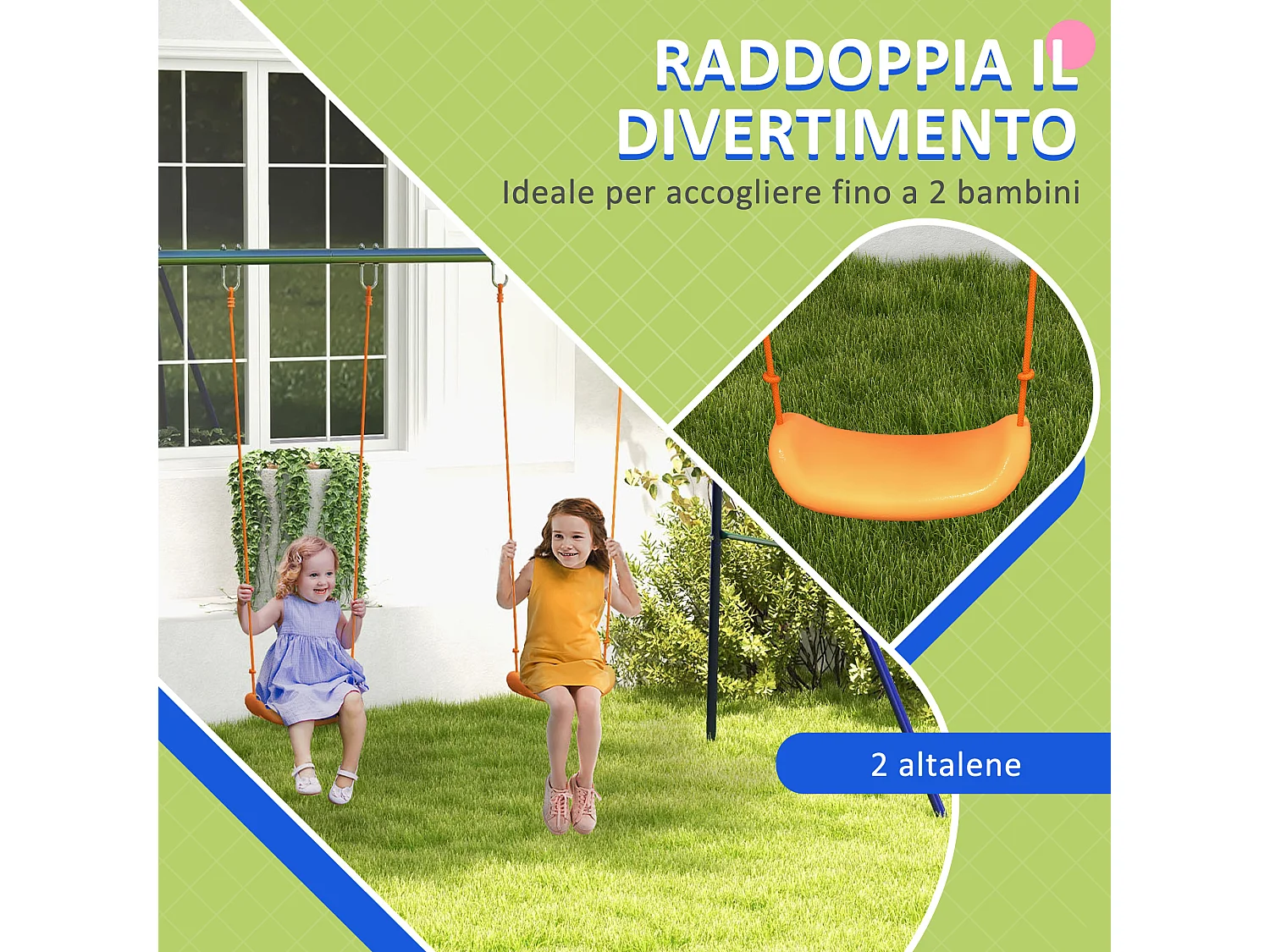 Altalena per bambini 3-8 anni doppia con 4 picchetti in metallo e pp