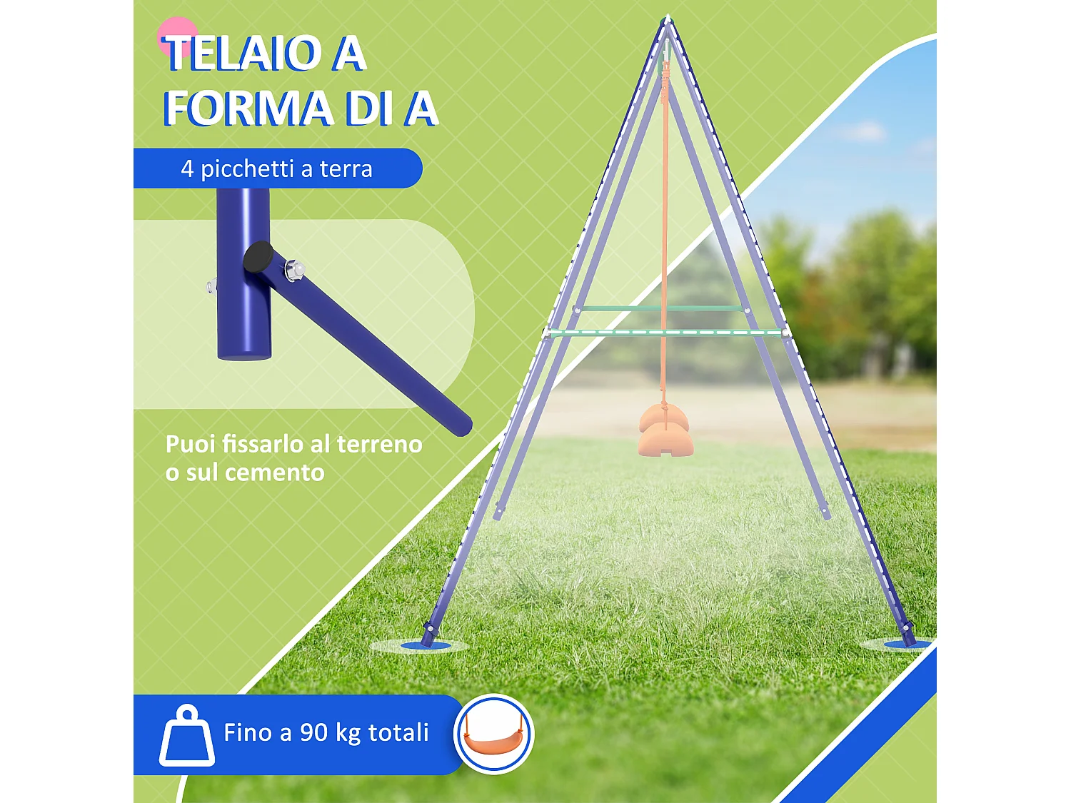 Altalena per bambini 3-8 anni doppia con 4 picchetti in metallo e pp