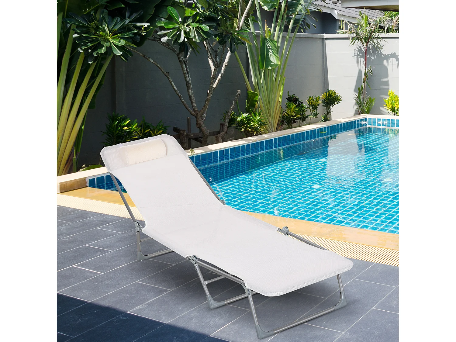 Sdraio da giardino pieghevole con schienale reclinabile cuscino crema