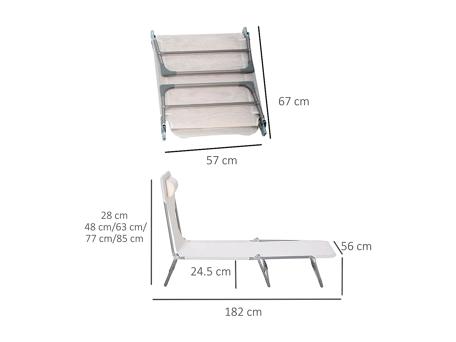 Sdraio da giardino pieghevole con schienale reclinabile cuscino crema