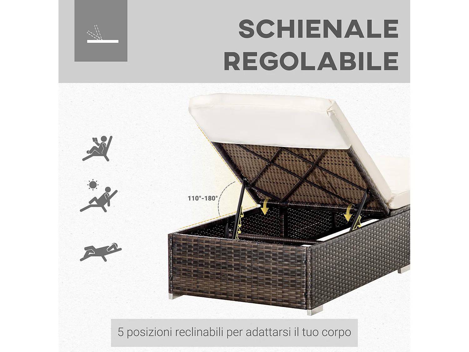 Lettino sdraio in rattan pe schienale reclinabile 5 posizioni