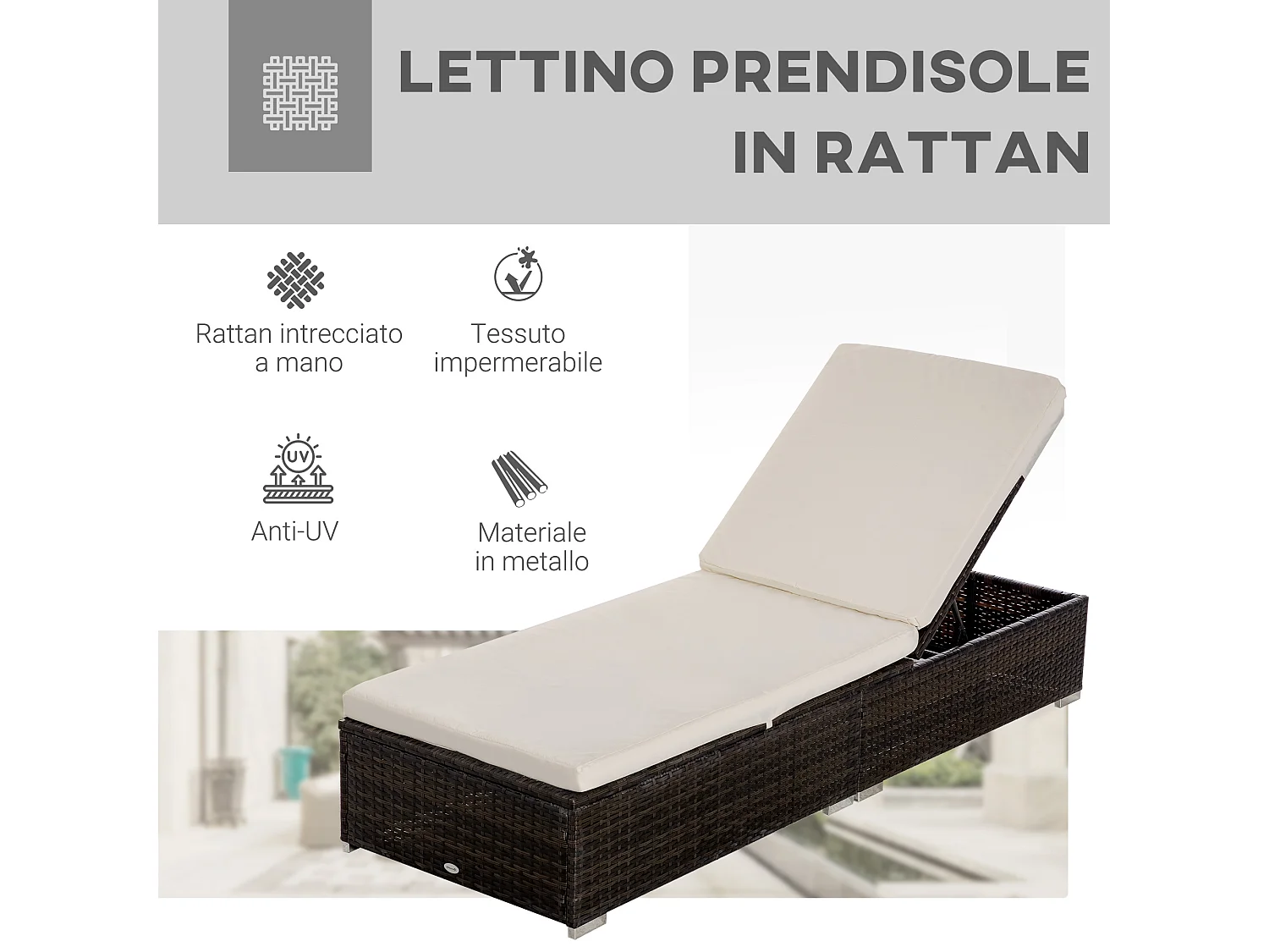 Lettino sdraio in rattan pe schienale reclinabile 5 posizioni