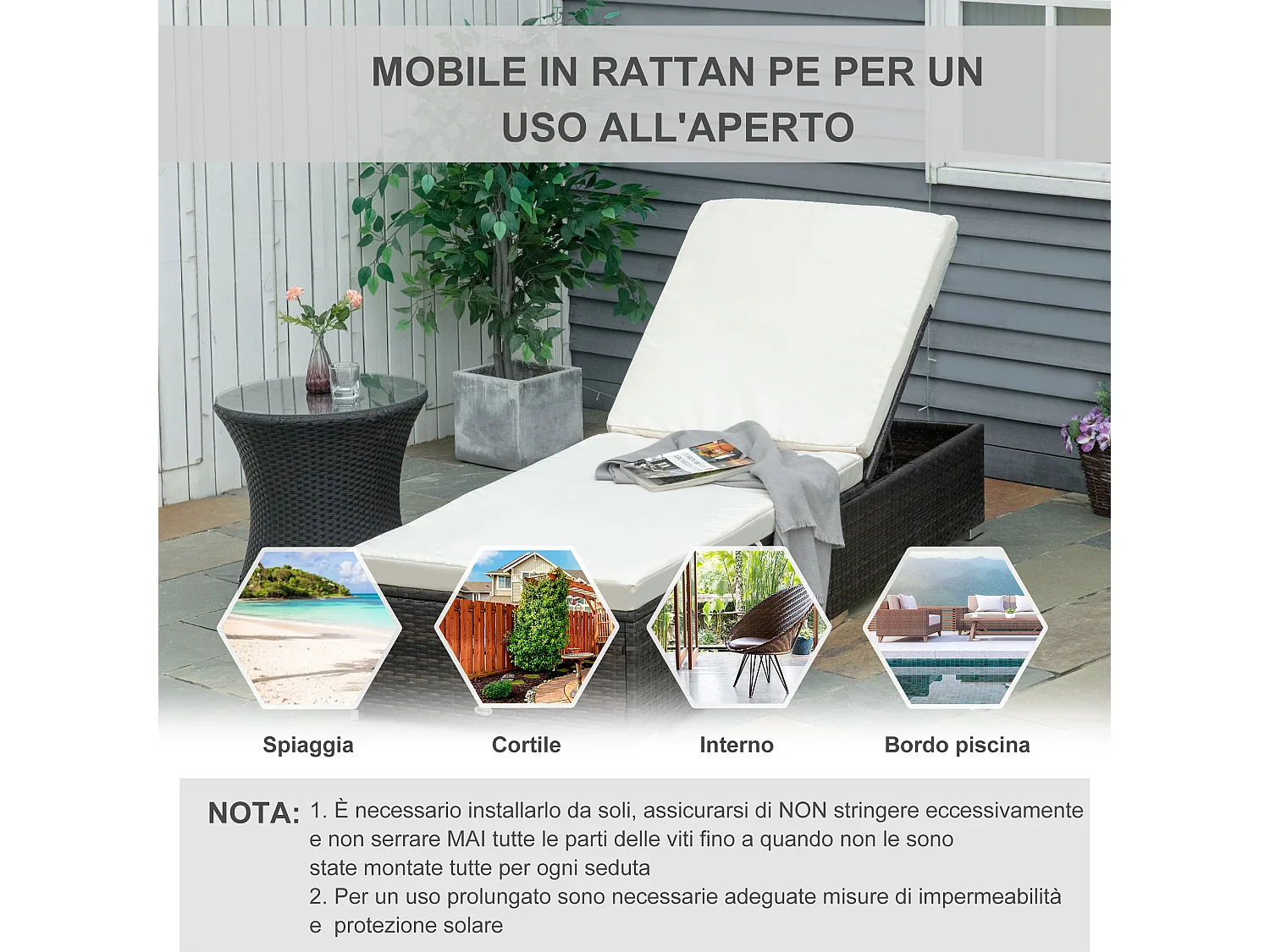 Lettino sdraio in rattan pe schienale reclinabile 5 posizioni