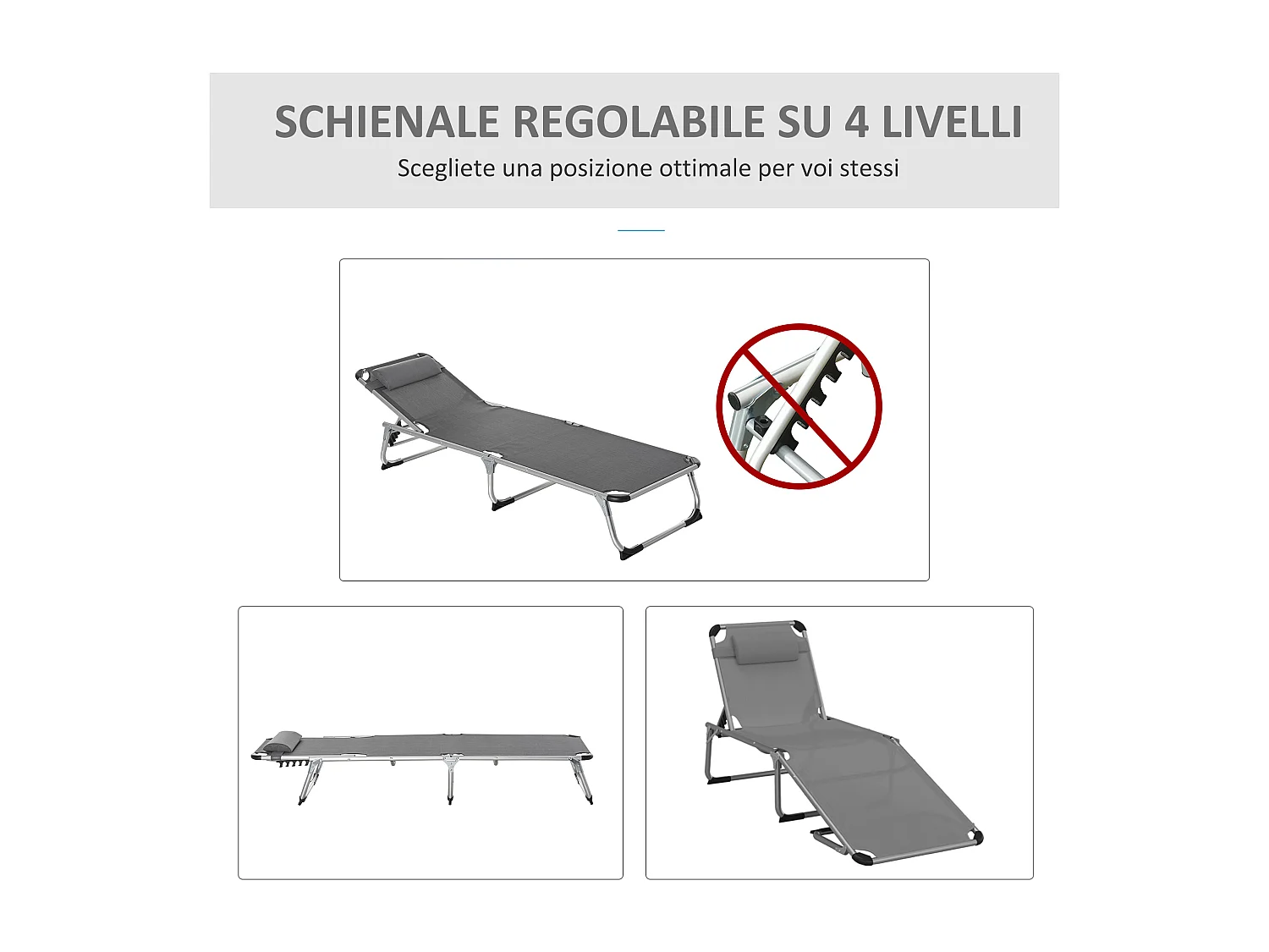 Sdraio pieghevole con poggiatesta e schienale regolabile grigio