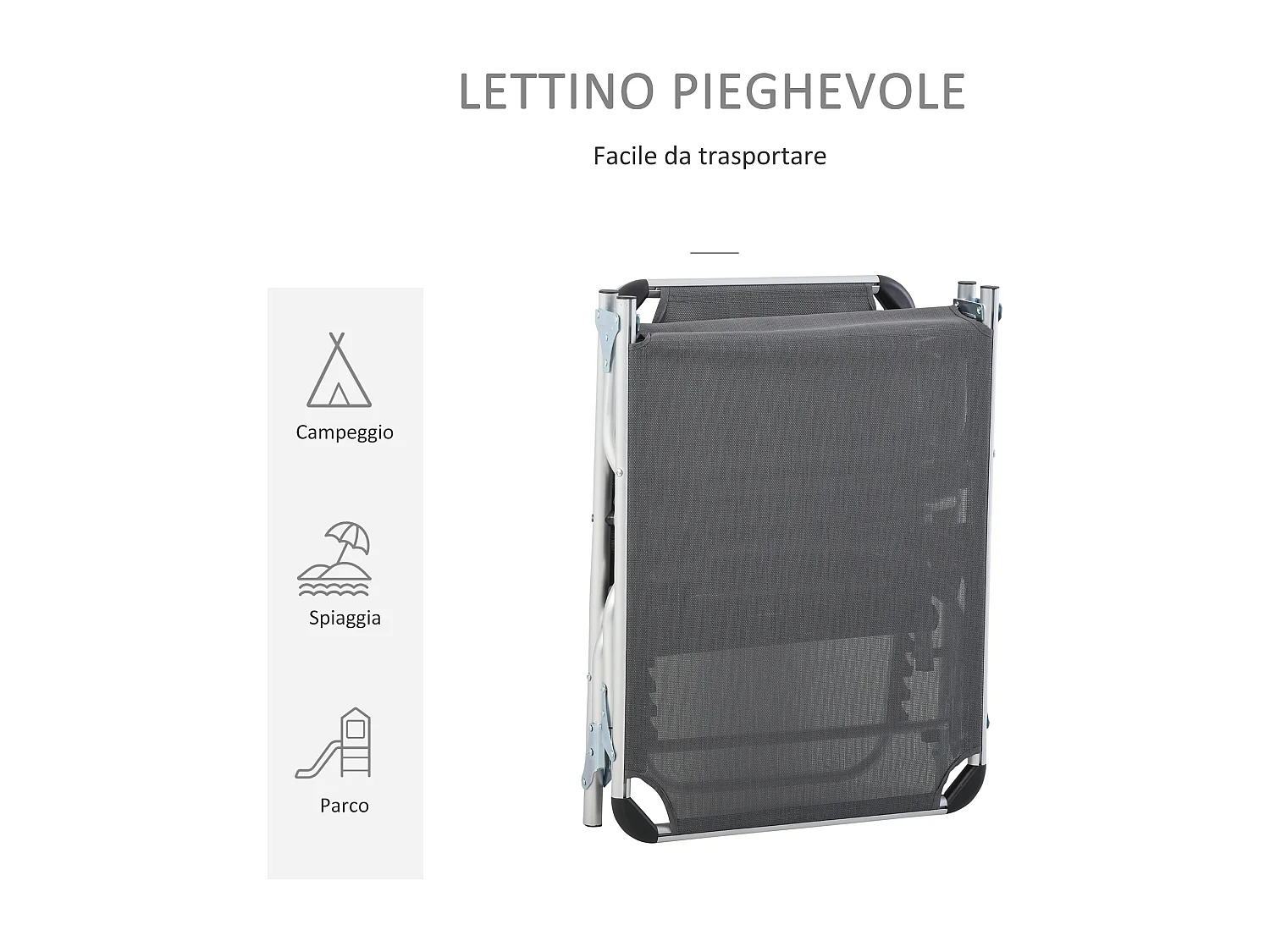 Sdraio pieghevole con poggiatesta e schienale regolabile grigio