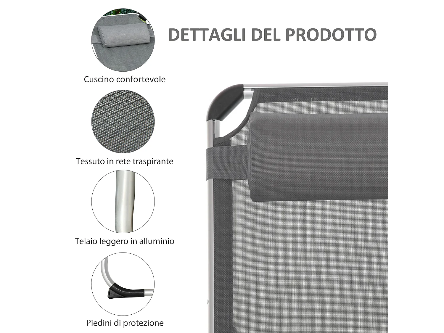 Sdraio pieghevole con poggiatesta e schienale regolabile grigio