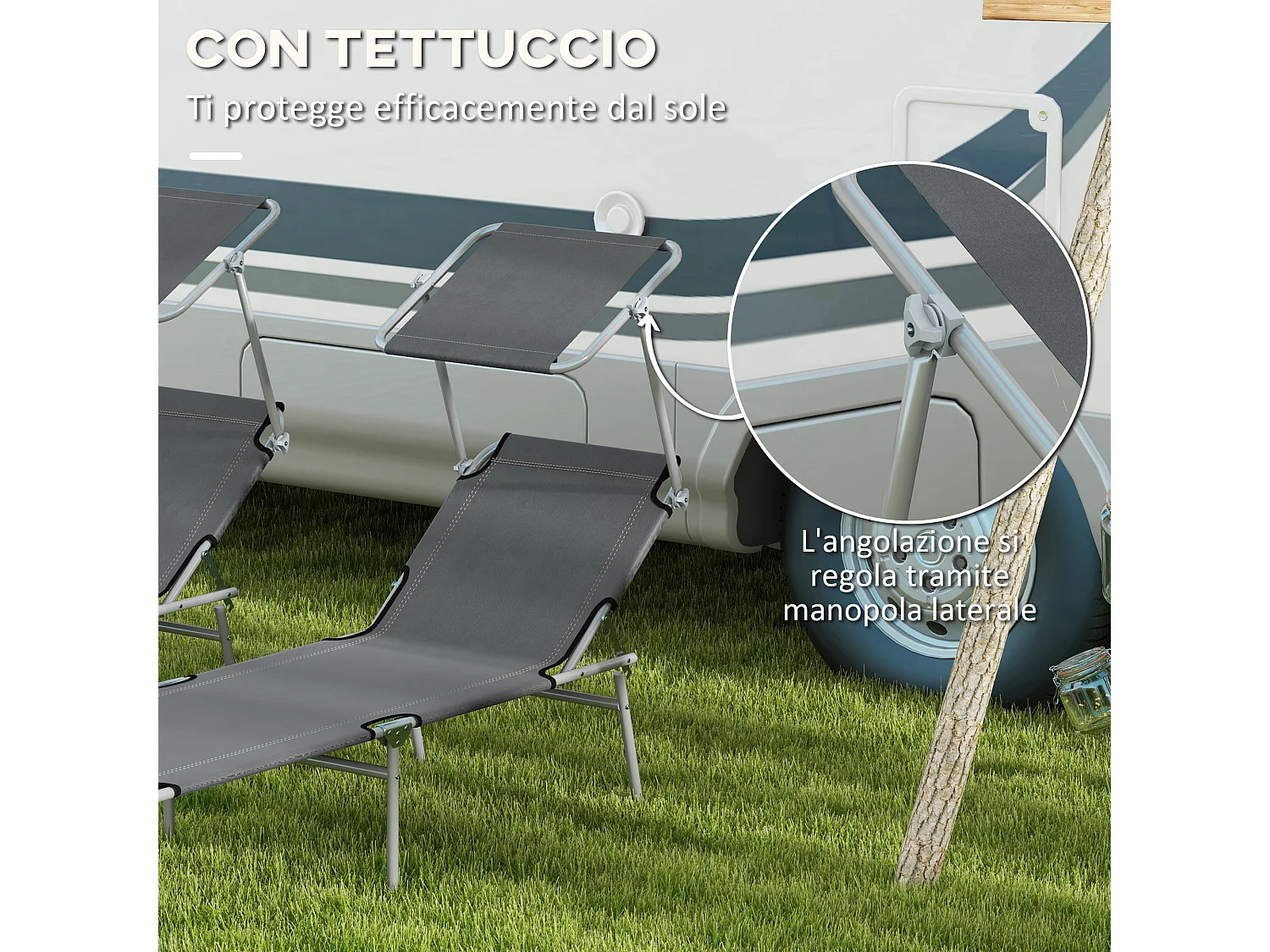 Set 2 sdraio da giardino pieghevoli con tettuccio regolabile grigio