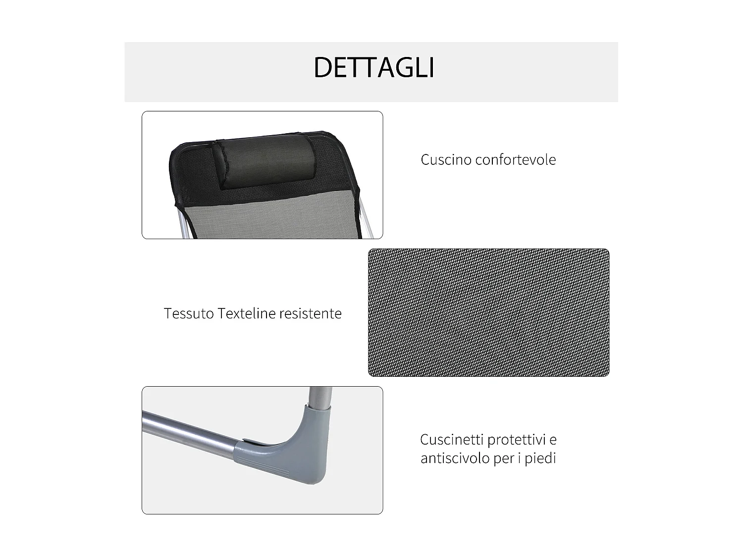 Sdraio da giardino pieghevole con schienale reclinabile e cuscino nero