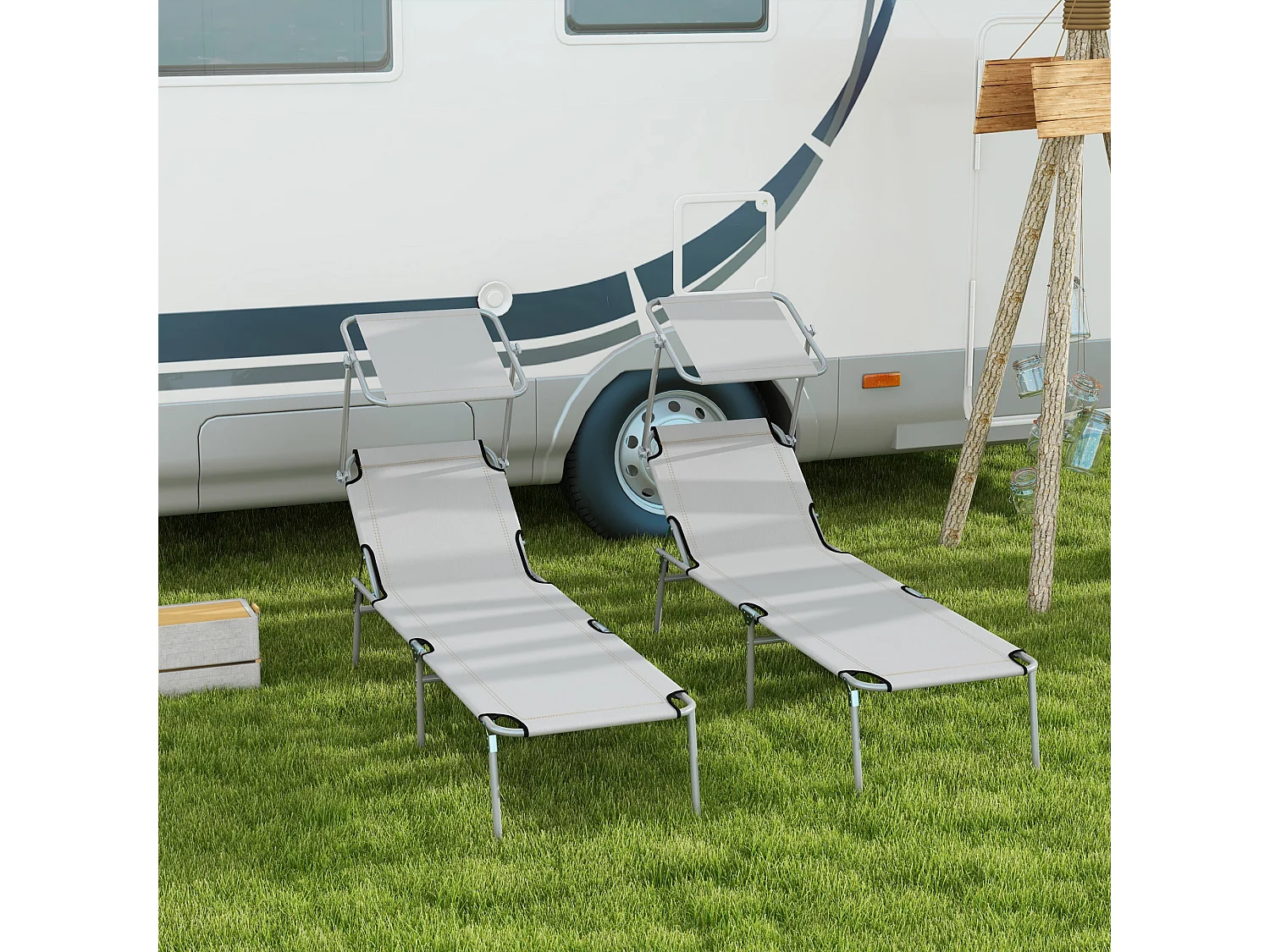 Set 2 sdraio da giardino pieghevoli tettuccio regolabile grigio chiaro