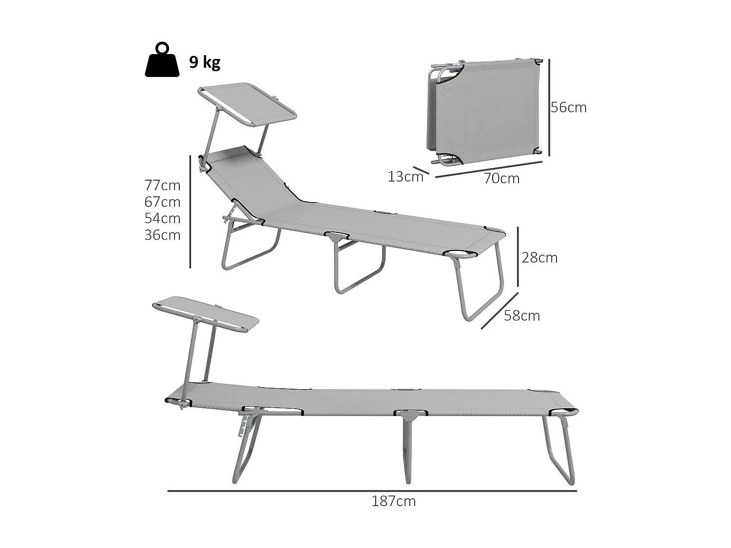 Set 2 sdraio da giardino pieghevoli tettuccio regolabile grigio chiaro