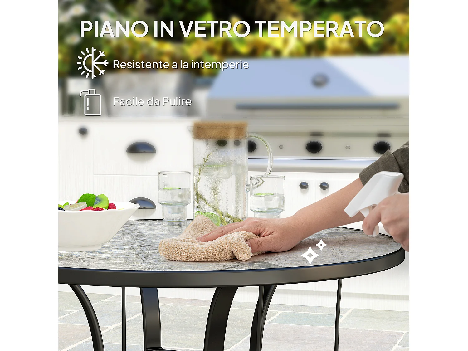 Tavolino da giardino rotondo con foro per ombrellone nero