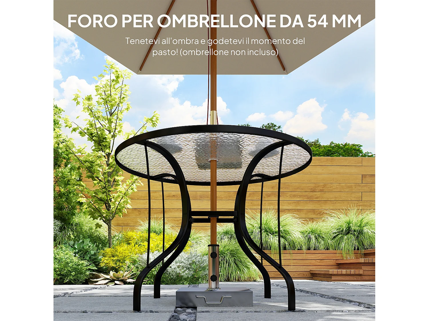 Tavolino da giardino rotondo con foro per ombrellone nero