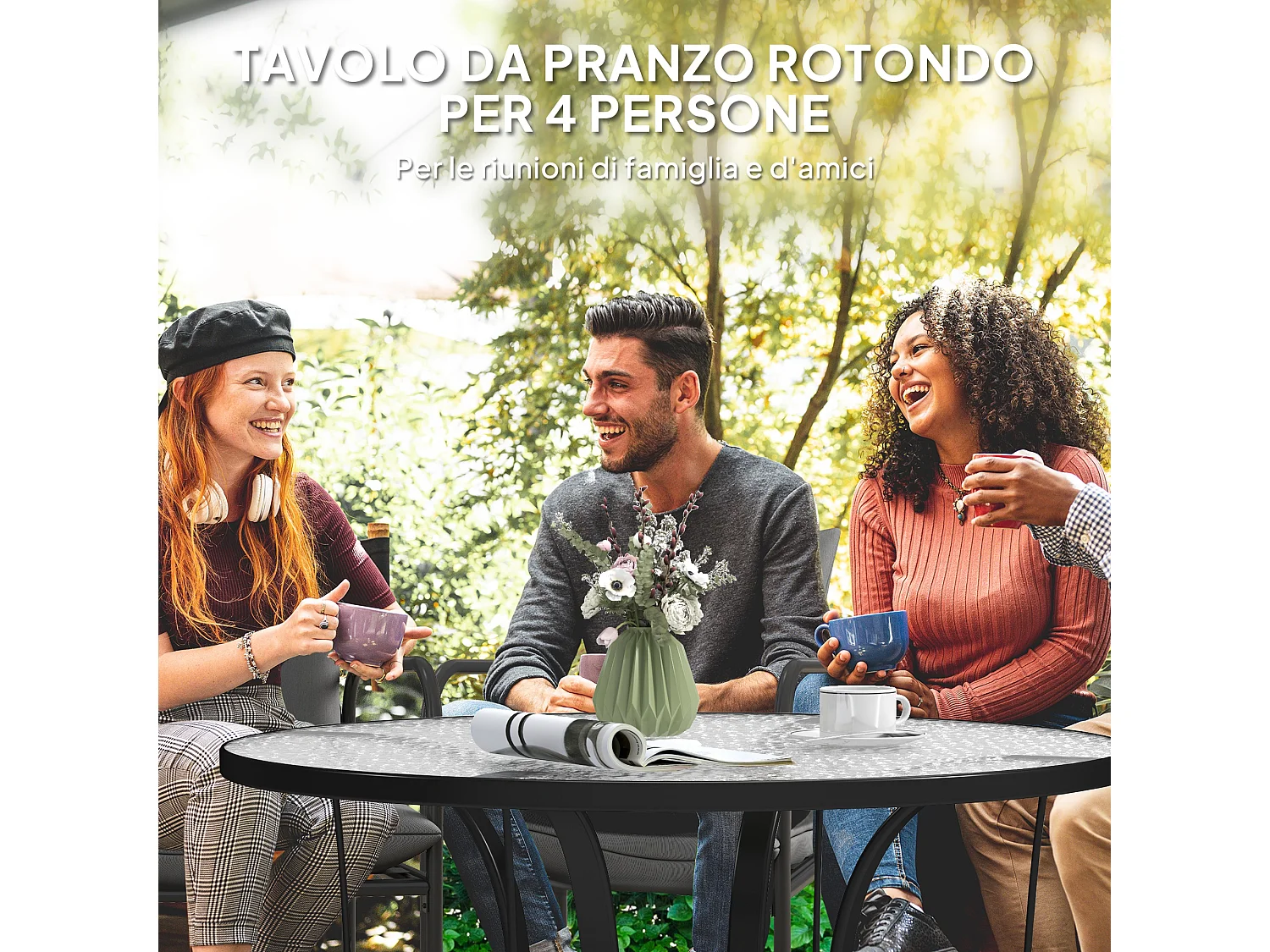 Tavolino da giardino rotondo con foro per ombrellone nero