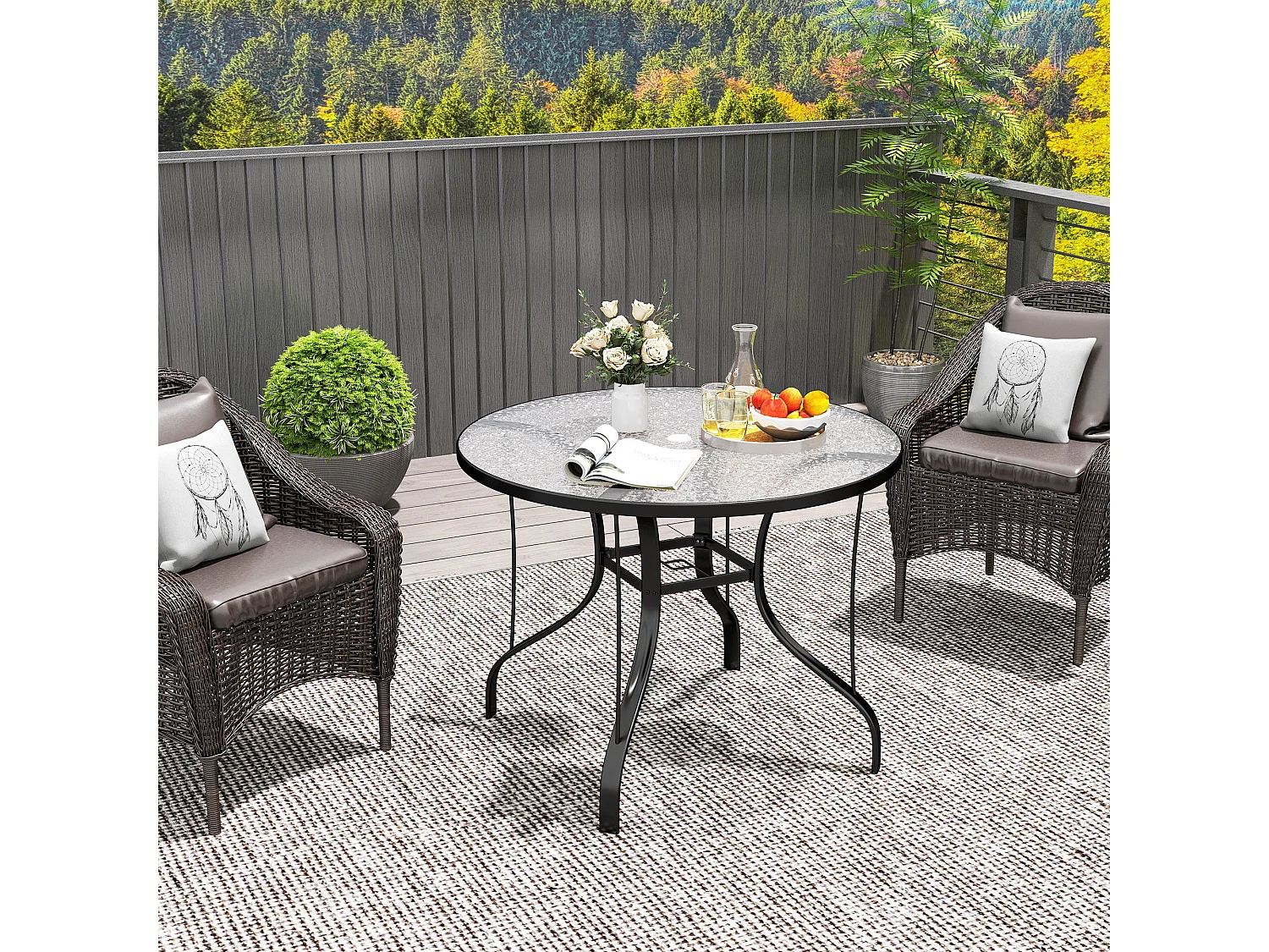 Tavolino da giardino rotondo con foro per ombrellone nero