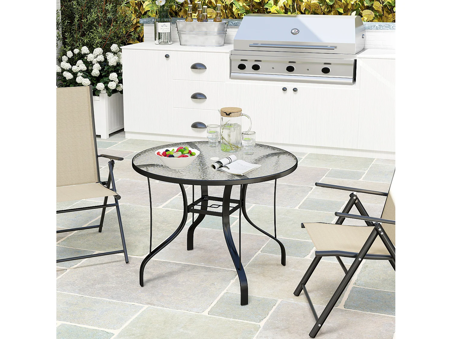 Tavolino da giardino rotondo con foro per ombrellone nero