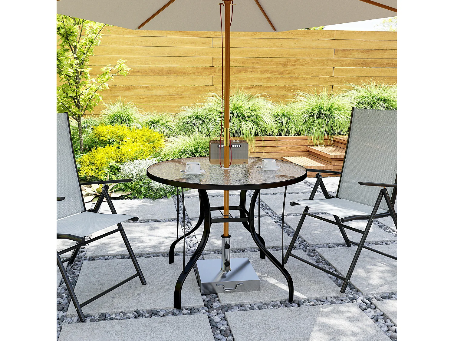 Tavolino da giardino rotondo con foro per ombrellone nero