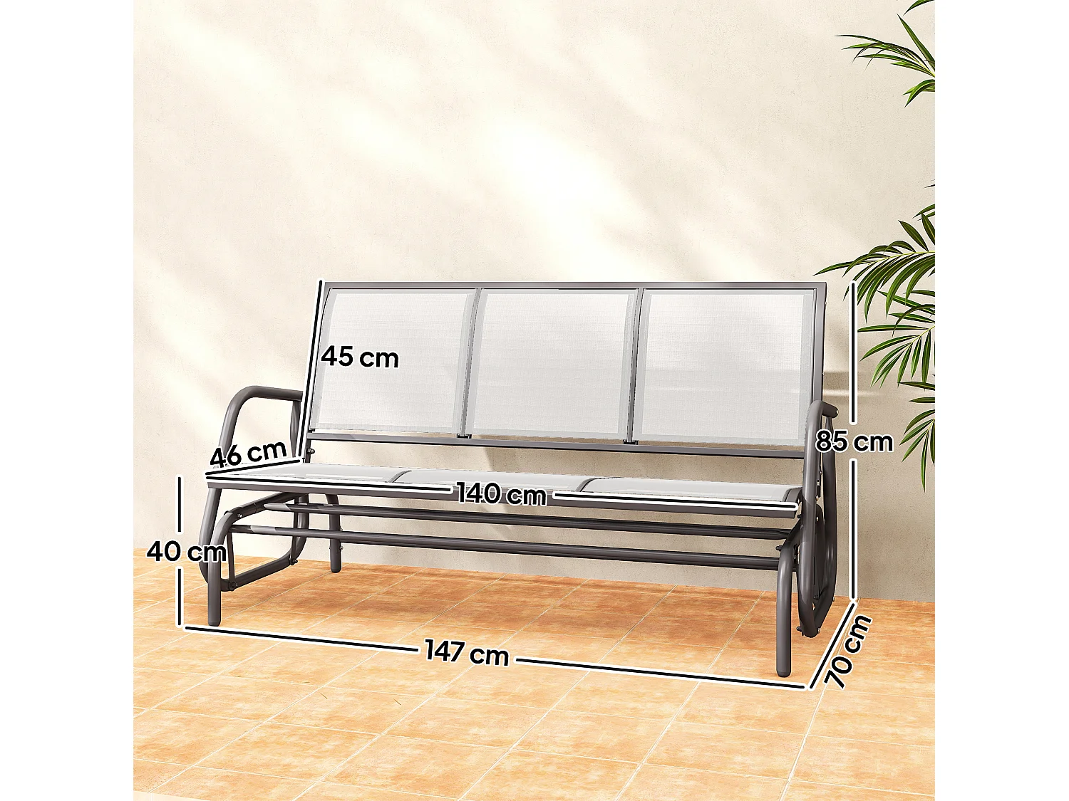 Panchina a dondolo da giardino 3 posti in tessuto traspirante