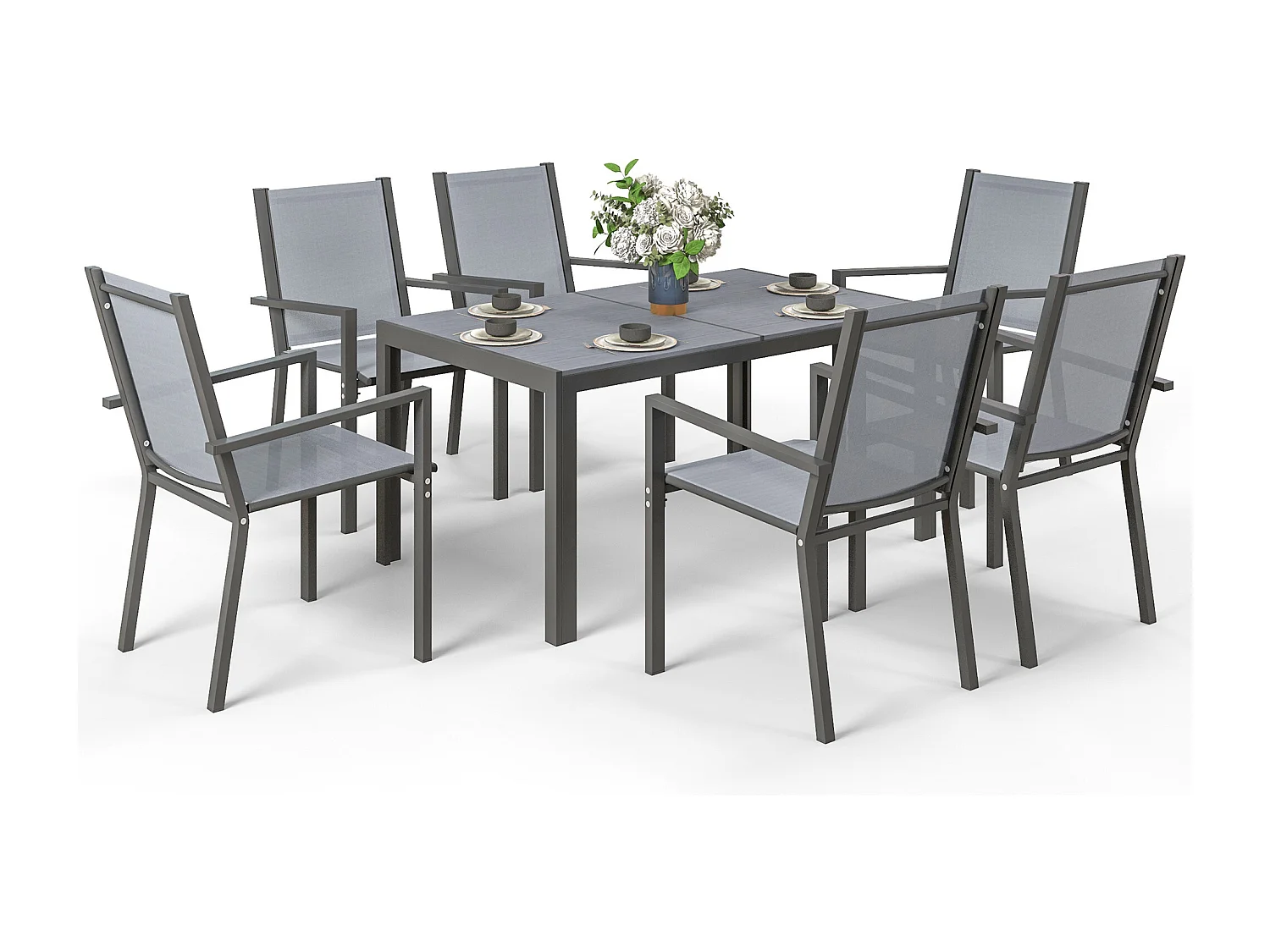 Set da giardino con 6 sedie impilabili e tavolo rettangolare grigio