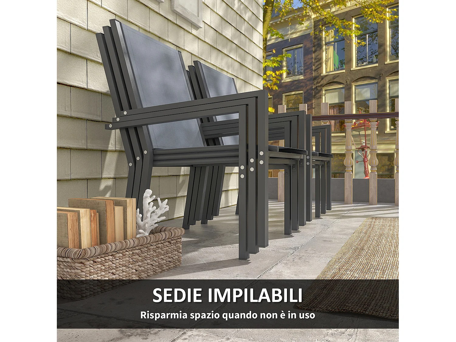 Set da giardino con 6 sedie impilabili e tavolo rettangolare grigio