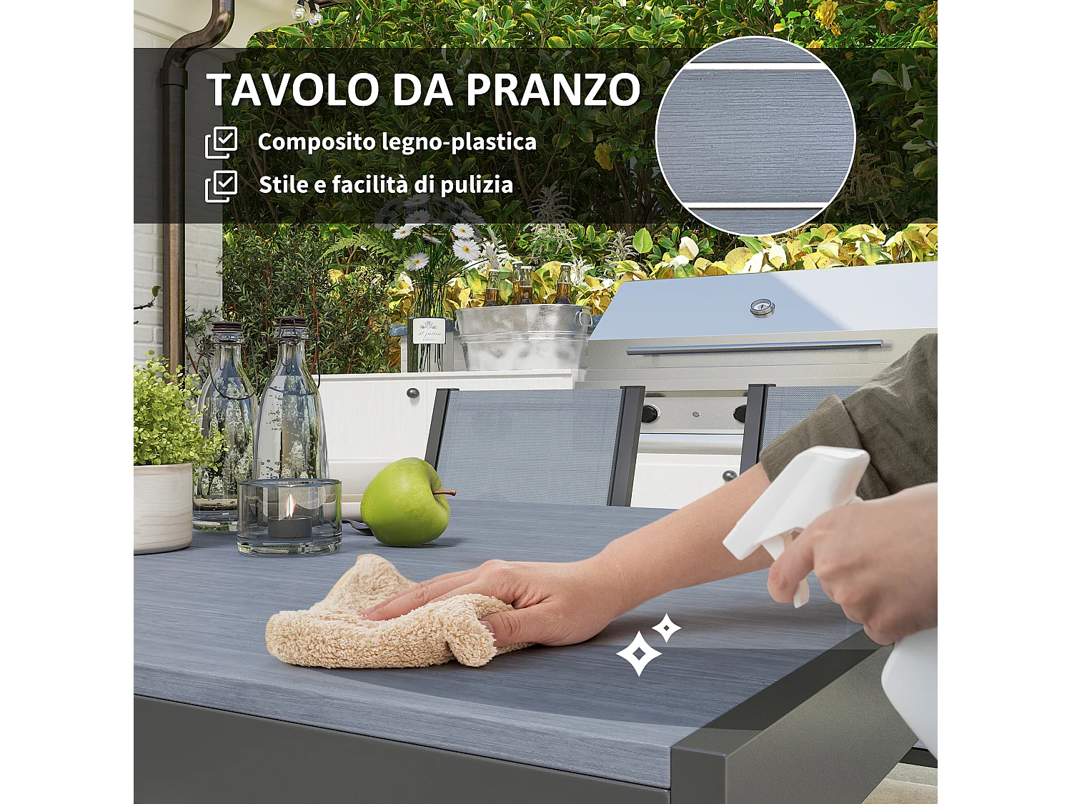 Set da giardino con 6 sedie impilabili e tavolo rettangolare grigio