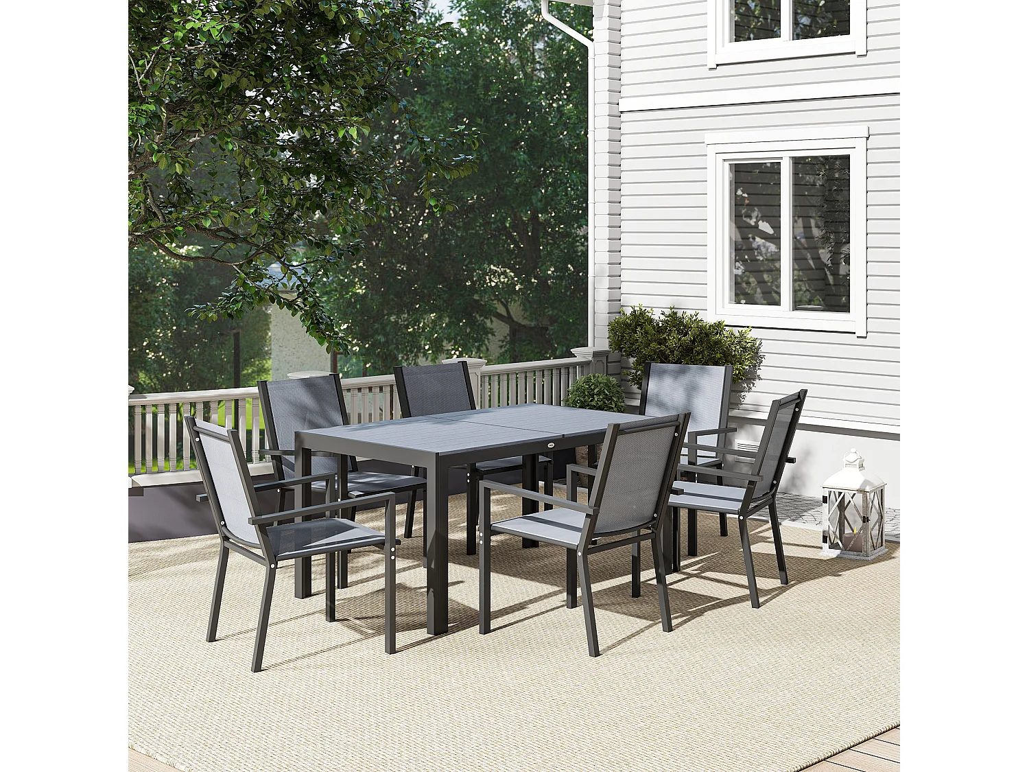 Set da giardino con 6 sedie impilabili e tavolo rettangolare grigio