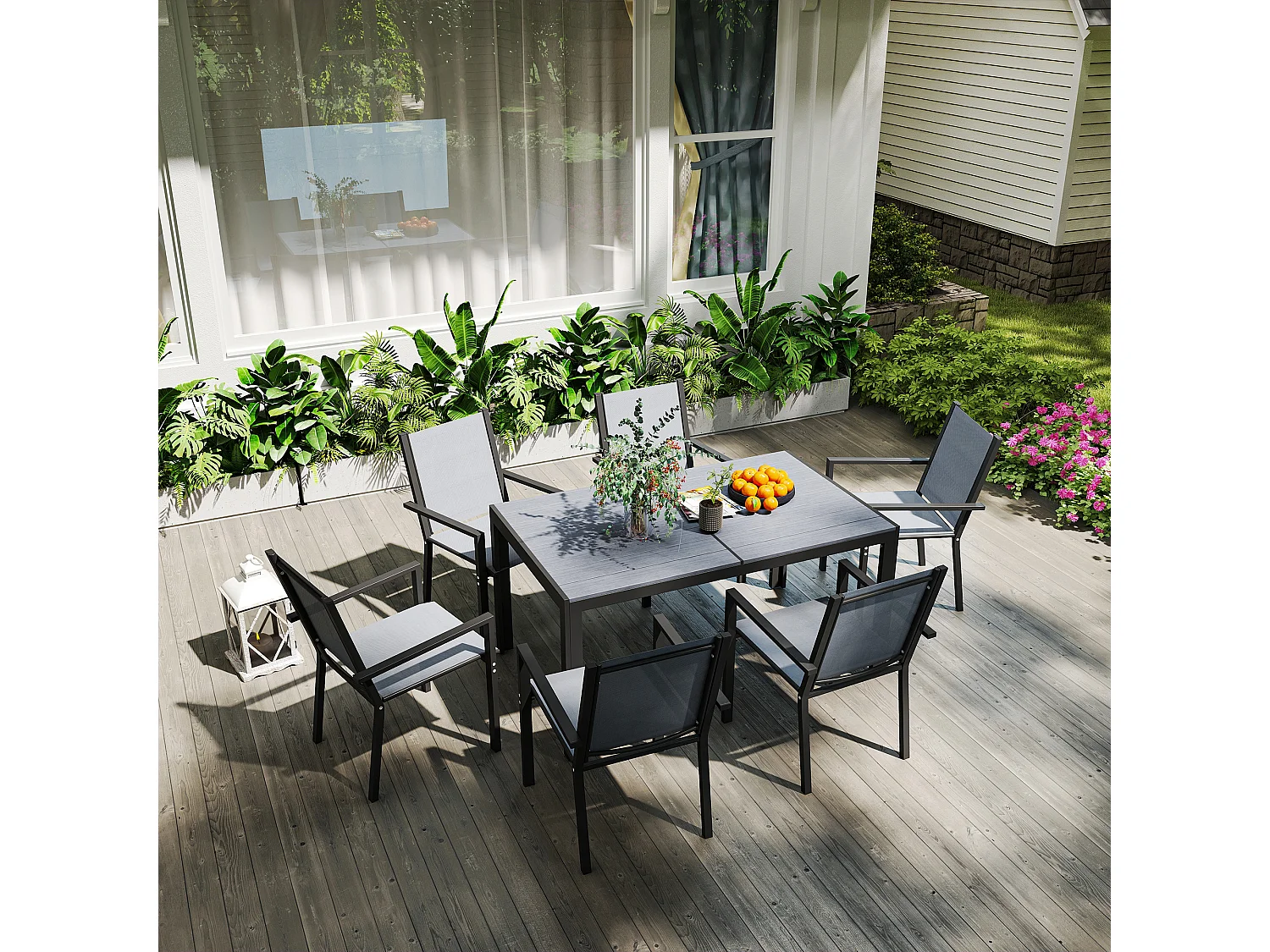 Set da giardino con 6 sedie impilabili e tavolo rettangolare grigio