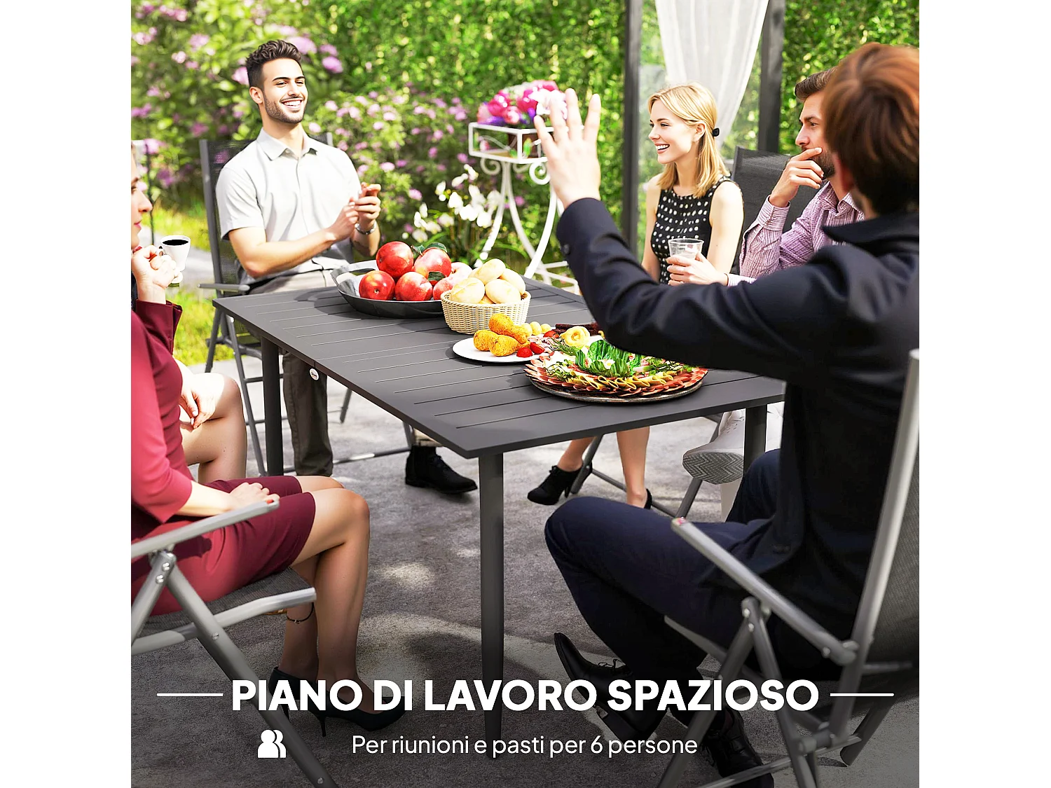 Tavolo da giardino a doghe per 6 persone con foro per ombrellone nero