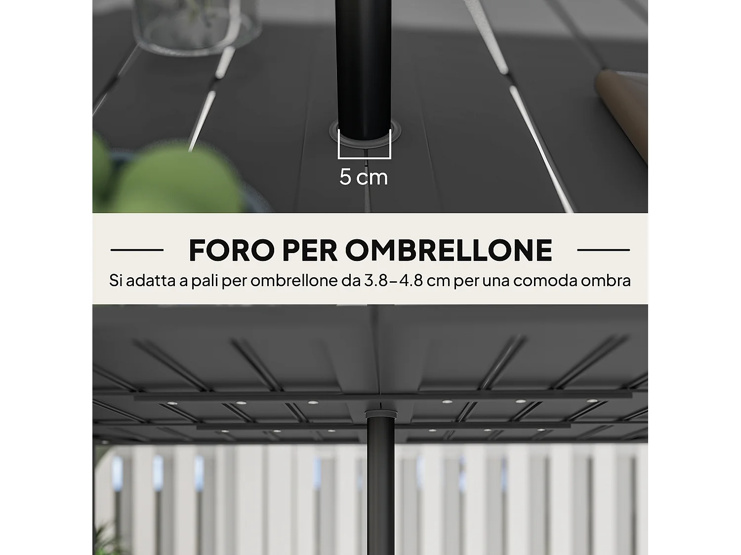 Tavolo da giardino a doghe per 6 persone con foro per ombrellone nero